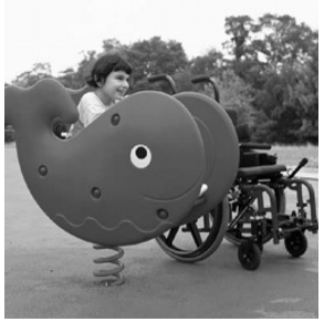 In this figure we observe a wheelchair user children playing with ground level play component