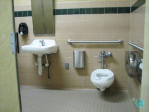 In this figure, we observe accessible water closet and wash basin with grab bars.